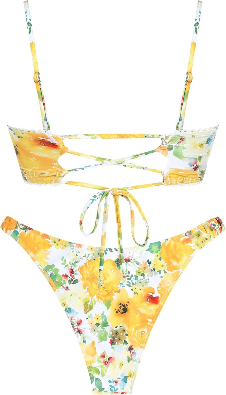 ZAFUL Women's 2 Piece Bikini Set Floral Print V Wired Strapless Lace Up Tie Back High Cut Bandeau Bathing Suits Swimwear - Image 3