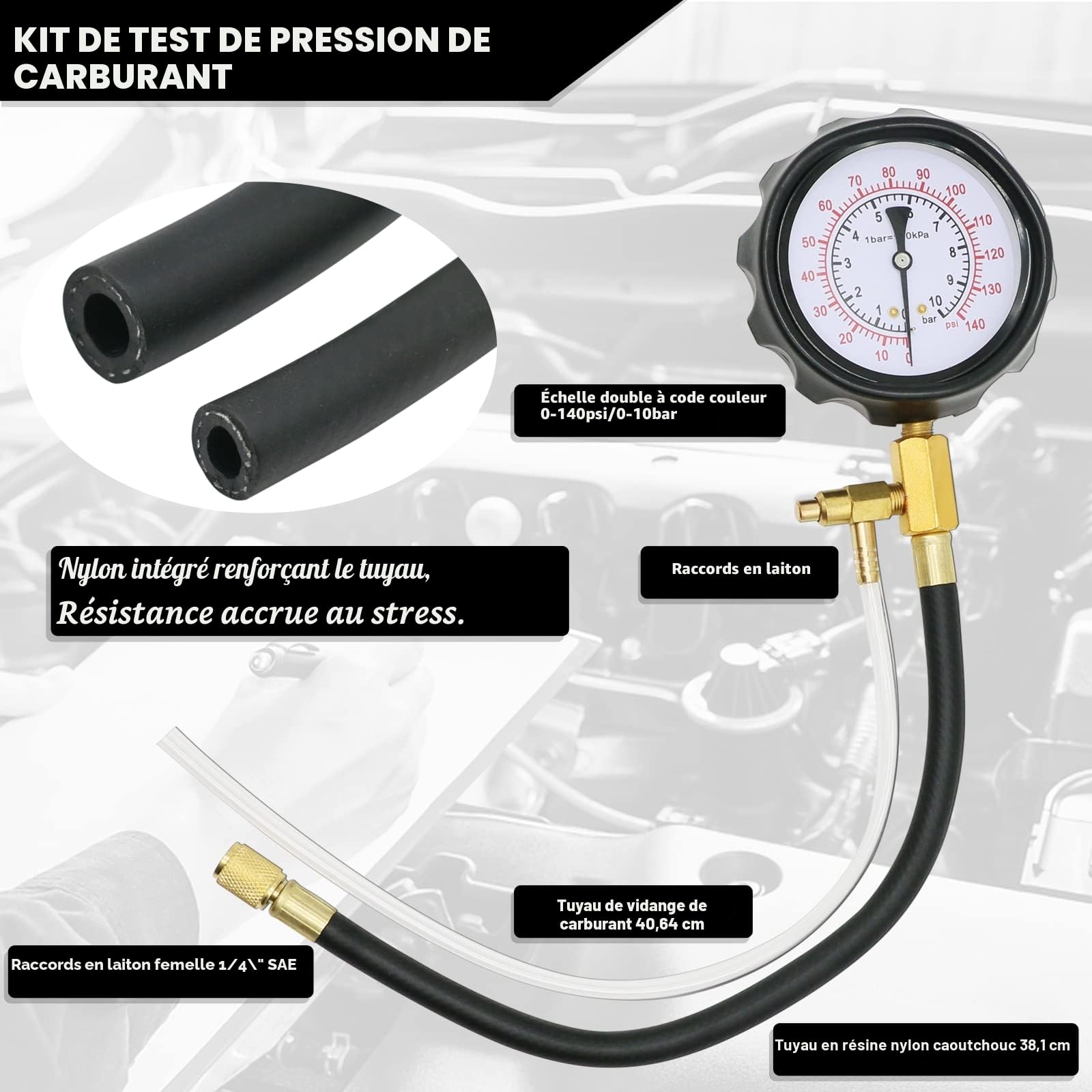 0-140PSI Testeur de pression de pompe d'injection, testeur de pression de carburant, kit universel de testeur de pression, essence, voiture, camion, moto, outil de diagnostic