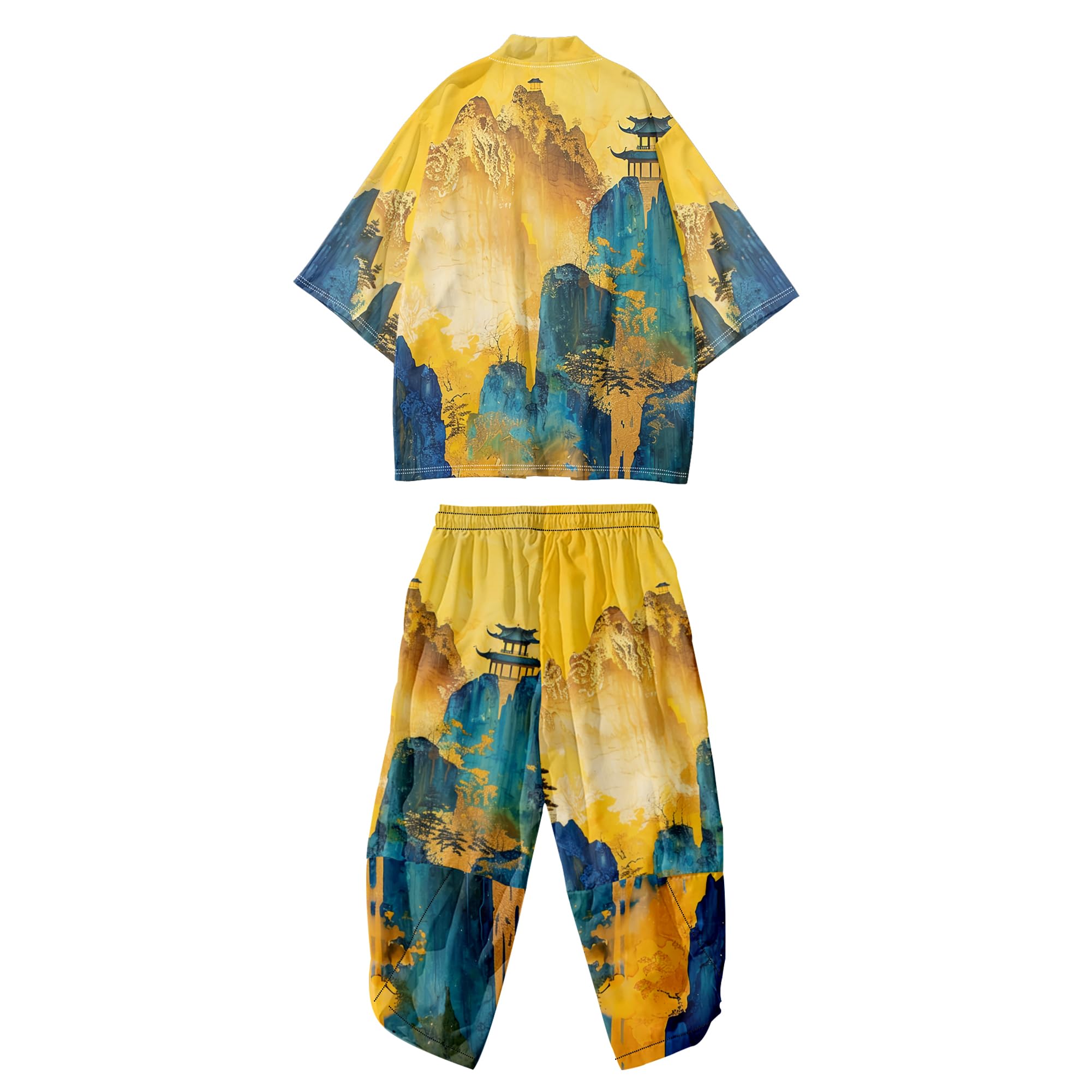 Mens Kimono Set 3/4 Sleeve Haori And Shorts Casual 2 Piece Japanese Outfits