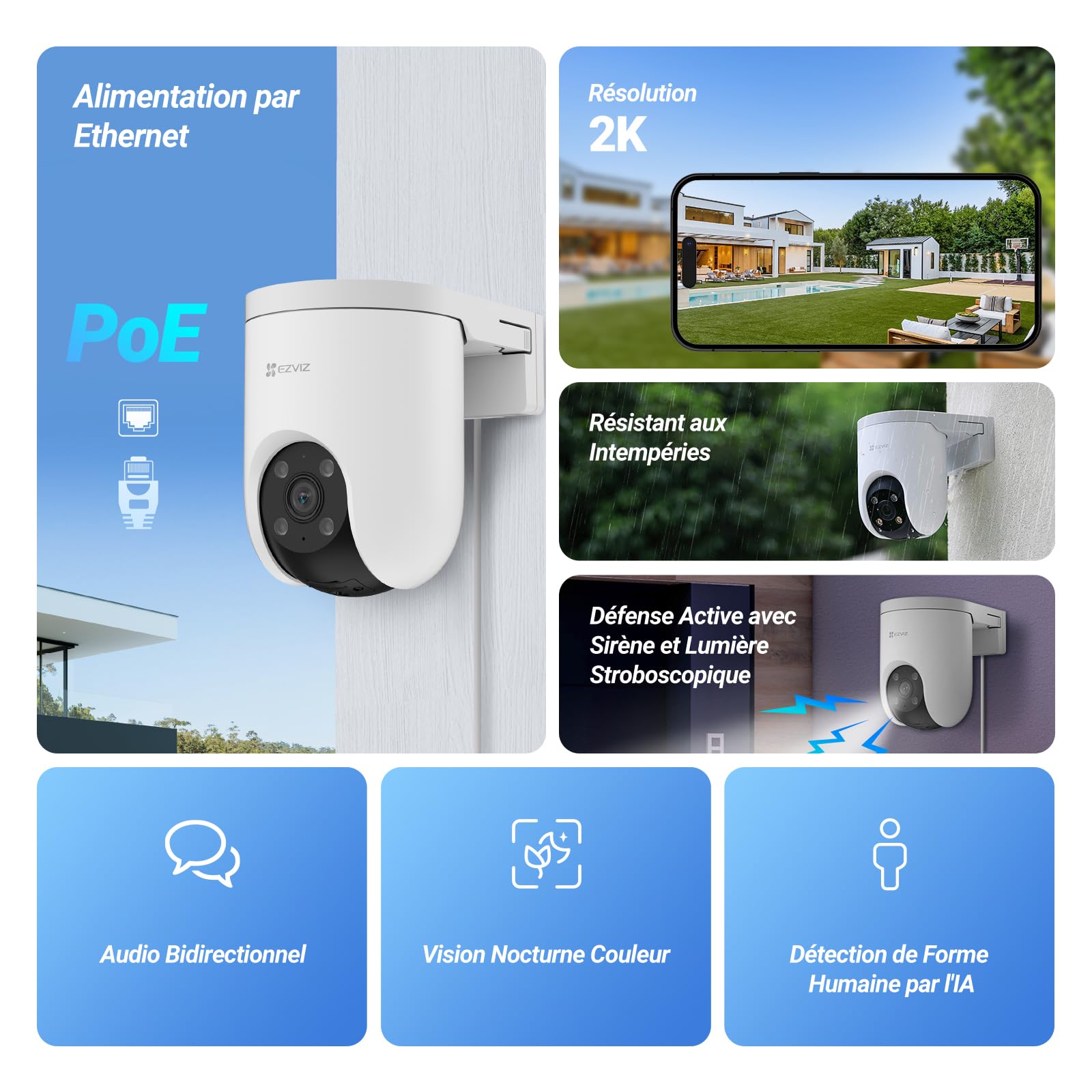 EZVIZ POE 2K Caméra de Surveillance WiFi Extérieure avec Détection de Personne, Suivi Auto, Vision Nocturne en Couleur, Alarme Sirène et Flash, Audio Bidirectionnel, H.265, Compatible Alexa, H8c PoE