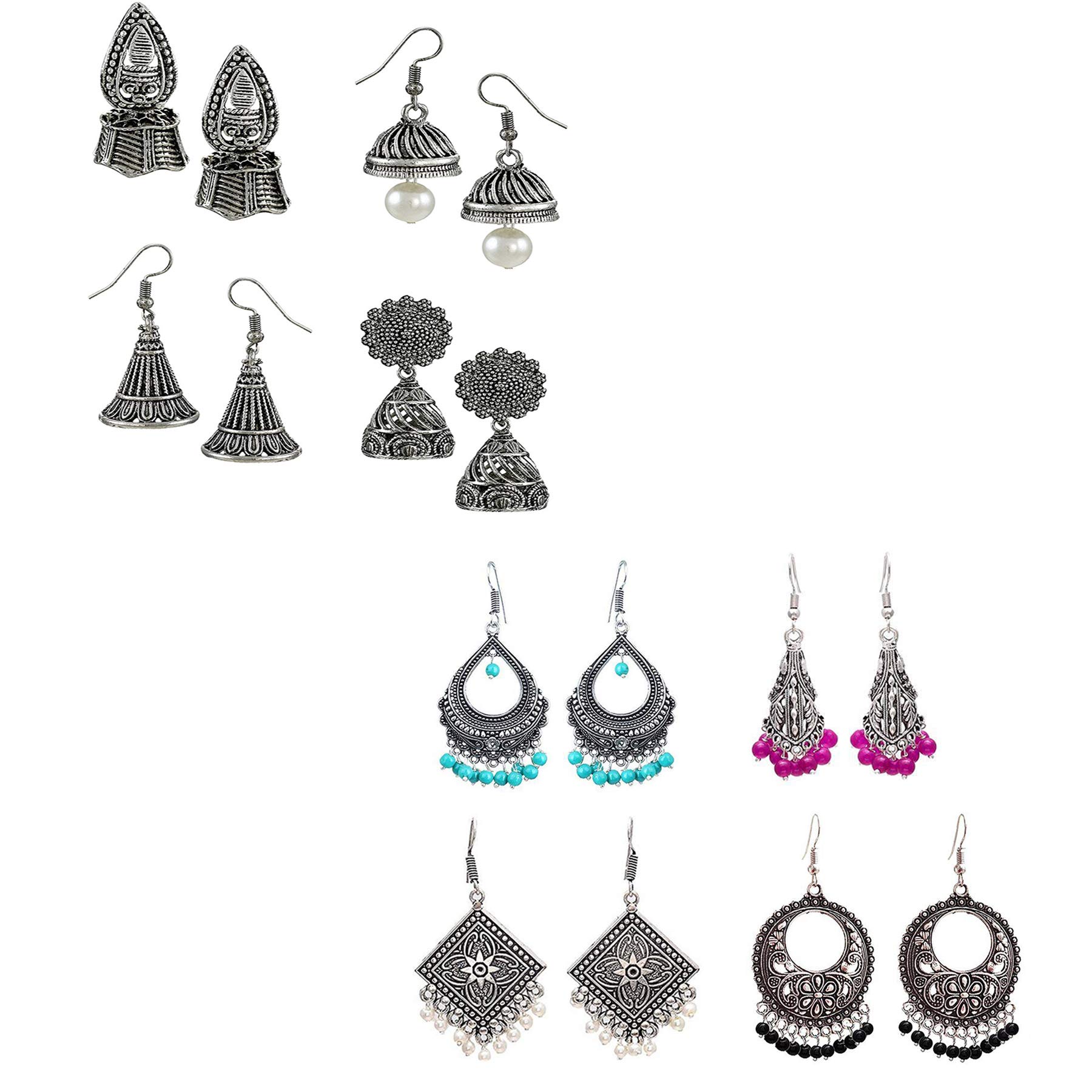 Om Jewells Silver Oxidised Jewellery Combo 8 Indo Western Dangler Jhumka/Jhumki Earring Embellished With Pearl Beads For Girls And Women CO1000219 (B07PMXB4FS) Amazon Price History, Amazon Price Tracker