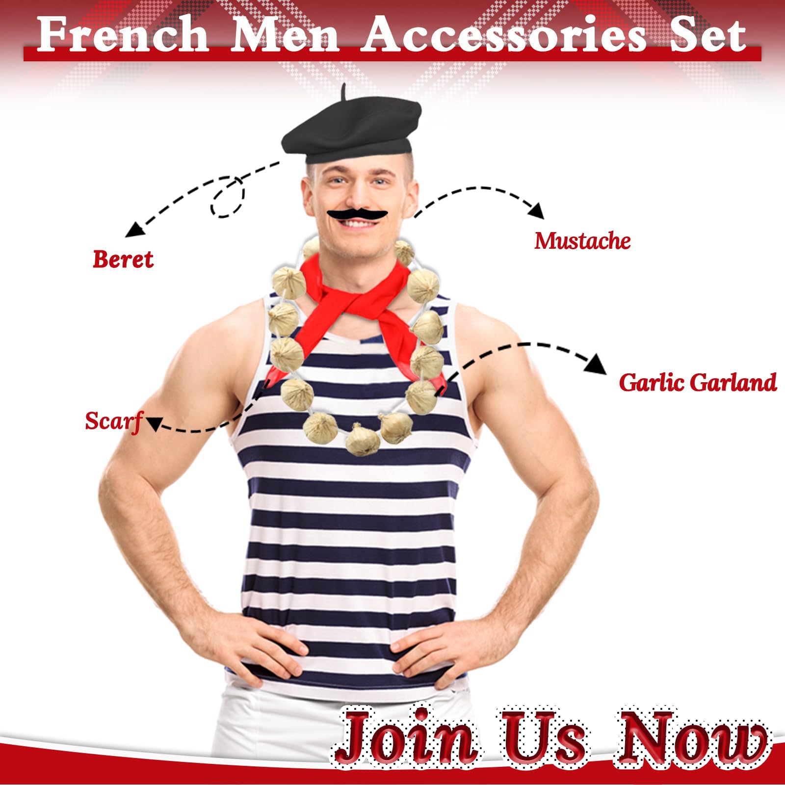 Beamely French Men's Set, Fancy Dress Costume Accessories Kit with Red Beret, Moustache Scarf - Image 3
