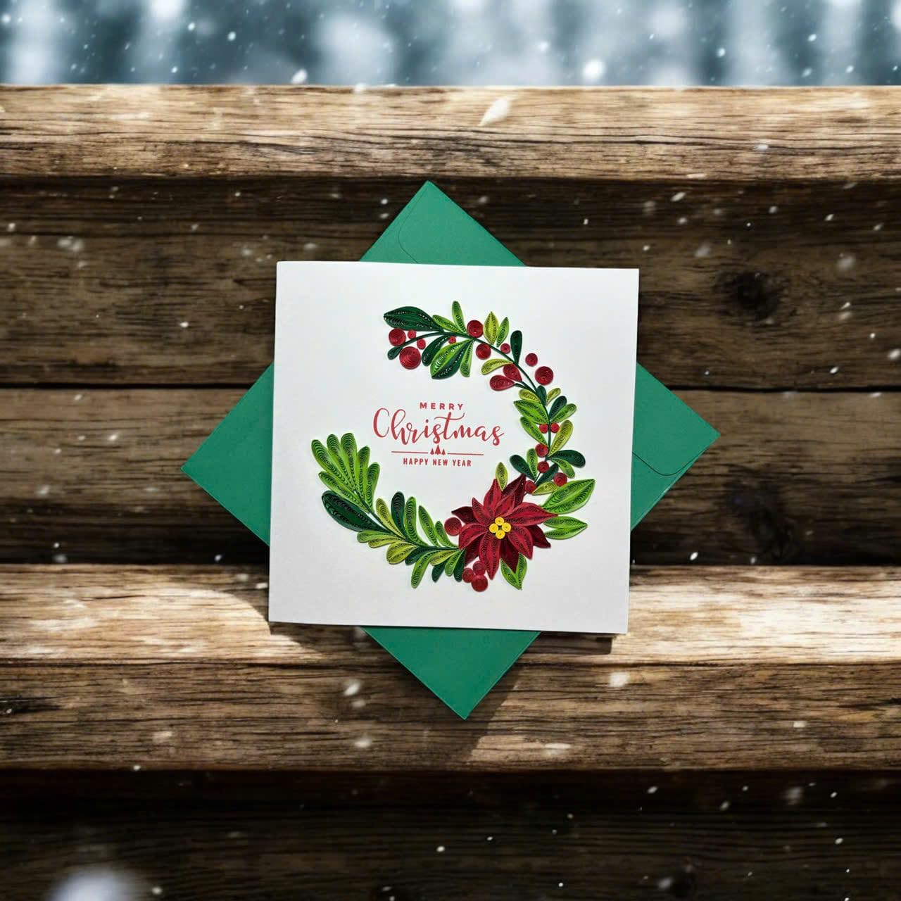 Handcraft 3D Christmas Wreath Quilling Card, Envelope Included, Blank Inside, Xmas Card, Merry Christmas - Image 8