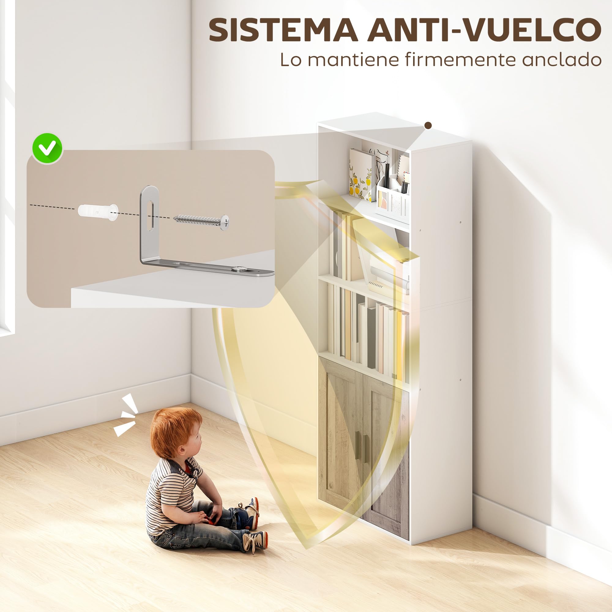 HOMCOM Estantería para Libros Estrecha 60x30x149,5 cm Blanco y Marrón | Librería con Puertas, Estantes Abiertos, Armario con Balda Ajustable, para Salón, Estudio, Oficina