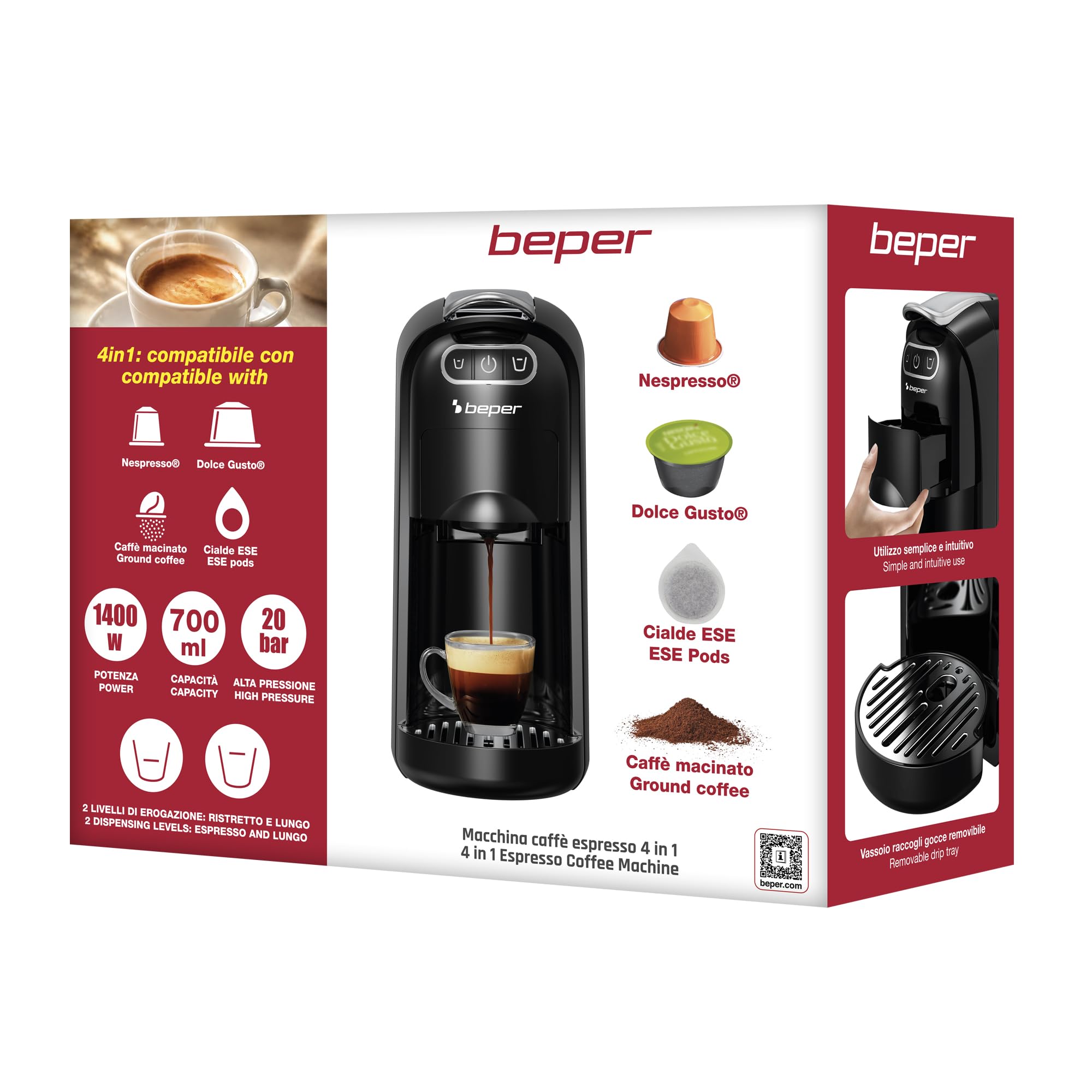 BEPER P101CAF200 Cafetera Espresso Amata 4 en 1, 20 bares, compatible con cápsulas Nespresso® y Dolce Gusto®, monodosis ESE y café molido, 1400 W, depósito de 700 ml