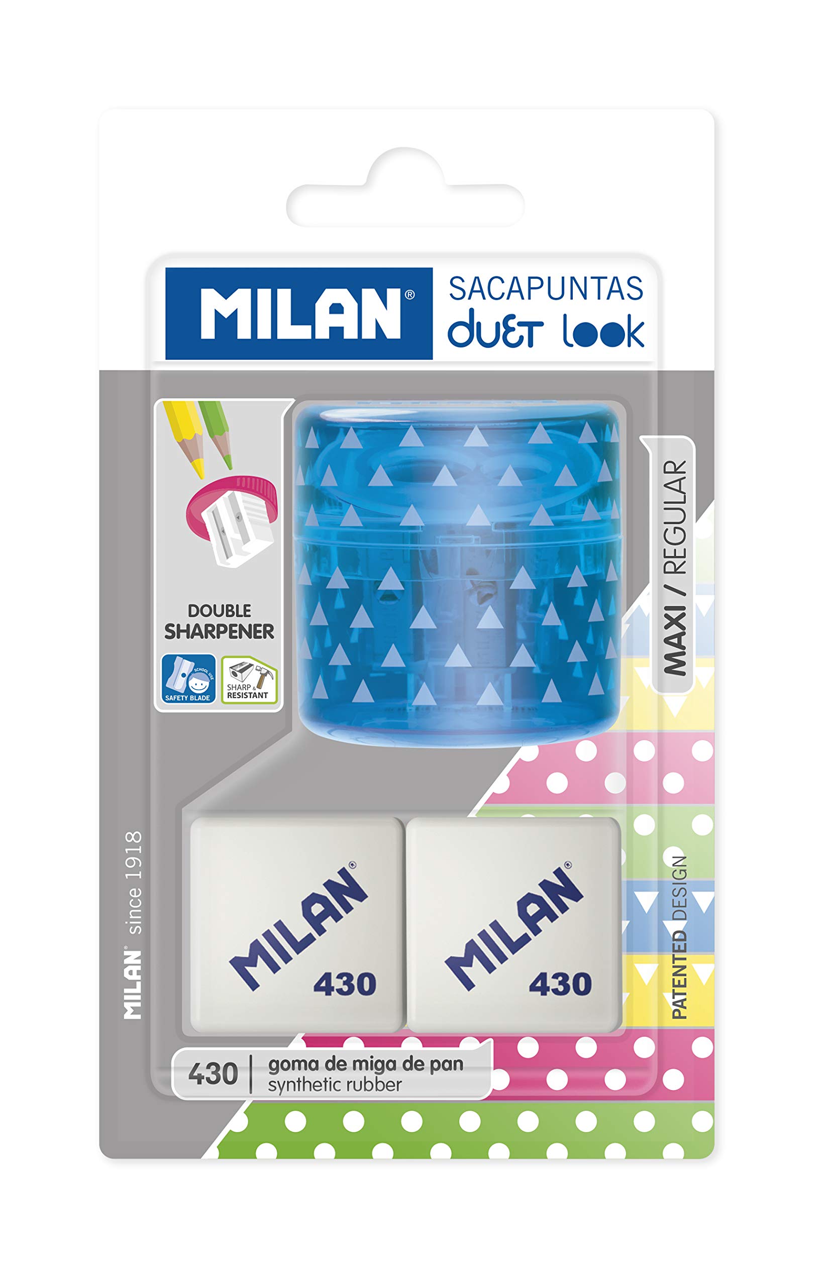 Blister sacapuntas Duet Look azul con 2 gomas 430