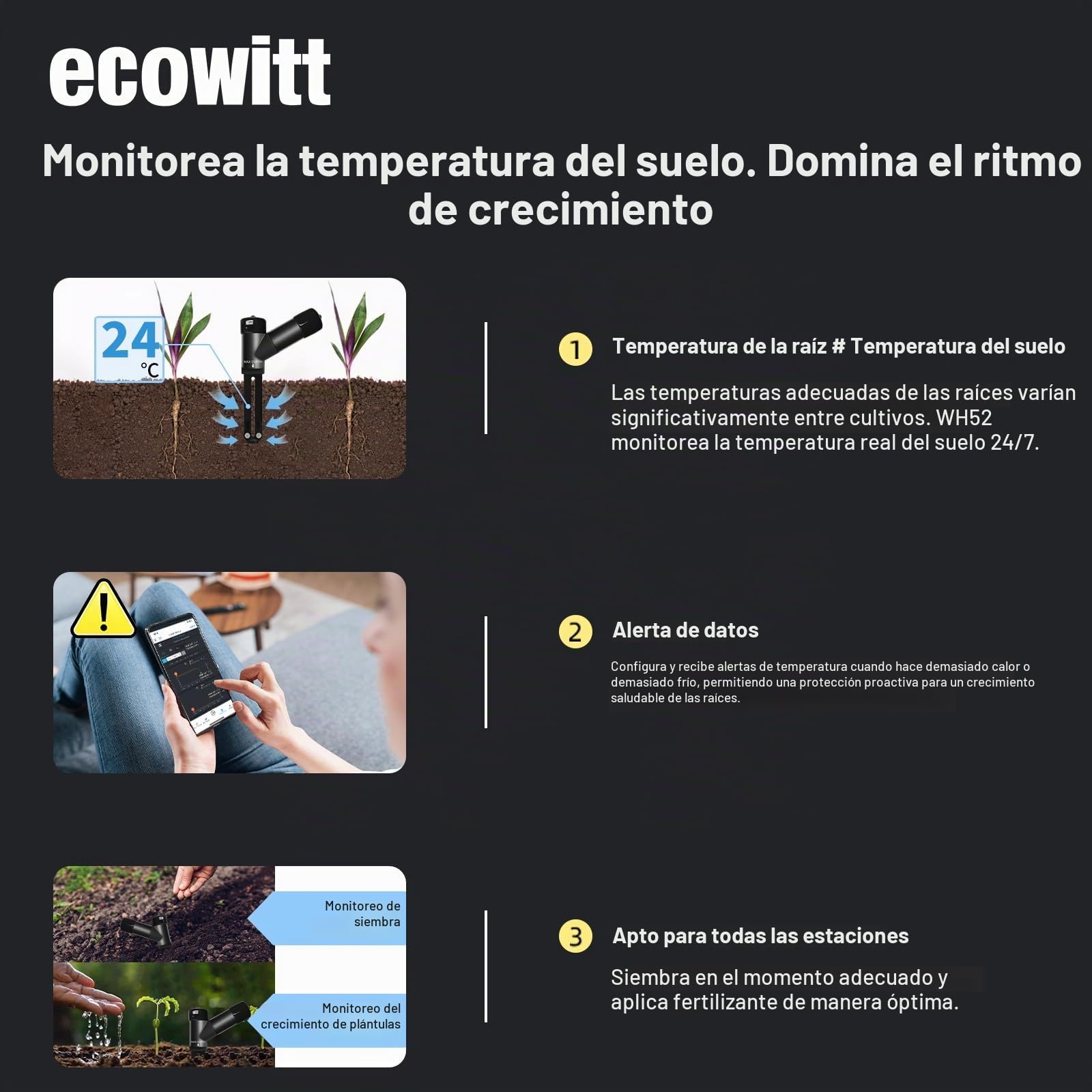 ECOWITT WH52 Sensor de Humedad del Suelo 3 en 1 de 16 Canales + Sensor de EC del Suelo + Medidor de Temperatura, higrómetro para Plantas de Interior/Exterior, Accesorio, Paquete de 4