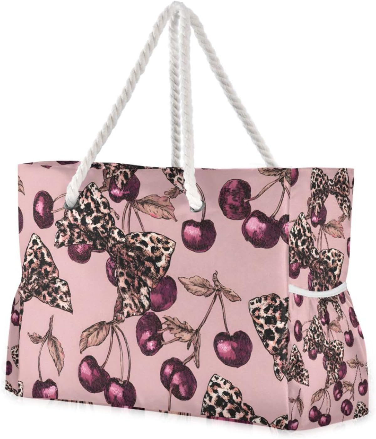 OTVEE Cherry and Leopard Bow Pattern Beach Bags for Women Ladies Large Canvas Tote Shoulder Bag Waterproof Travel Bags for Gym Swim Pool Camping