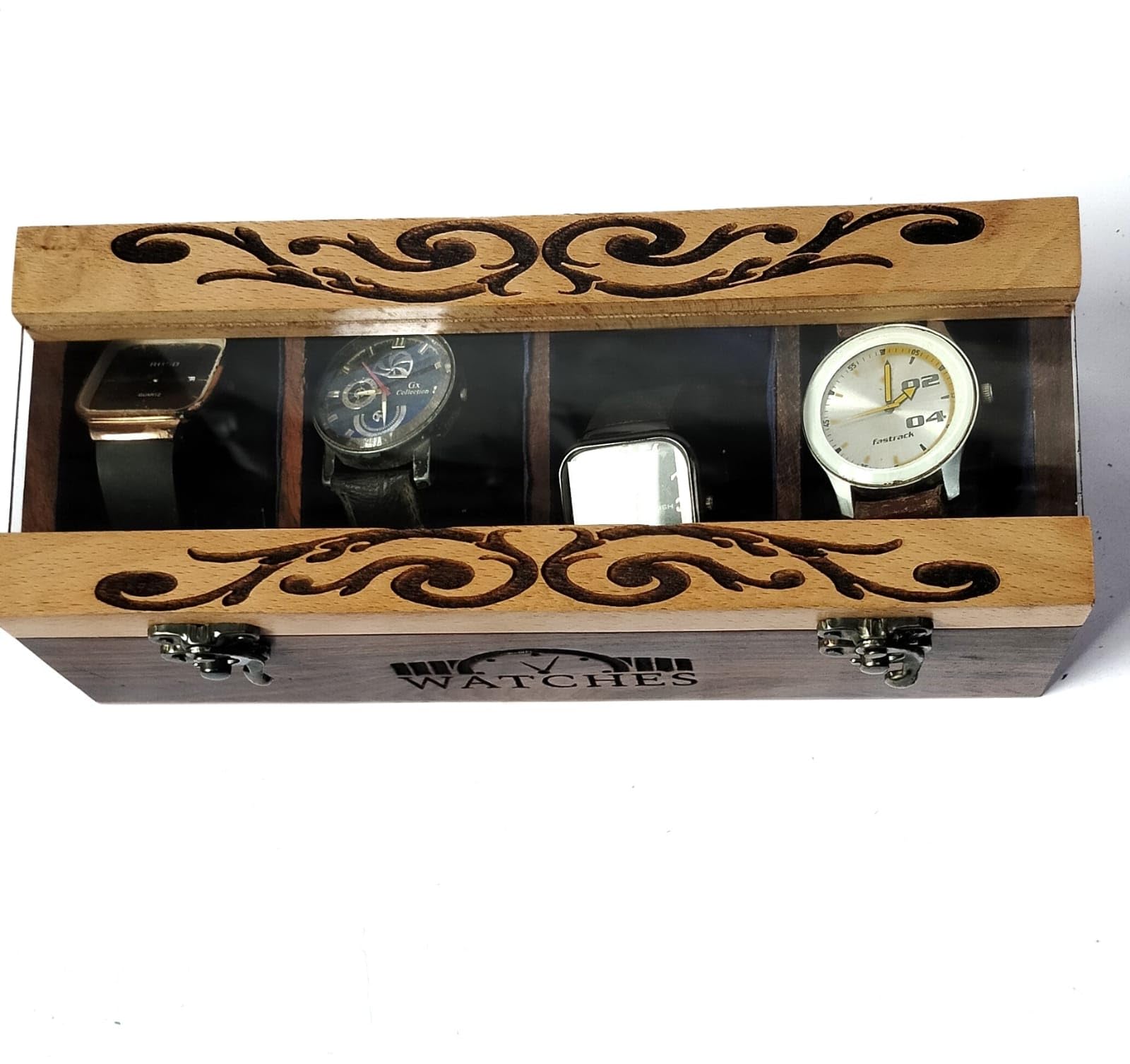 H S B WOOD HANDICRAFT Watch box for women, 4 Slots Wrist Watch Display Box Storage Holder Organizer Jewelry Dispay organizer Engraving Design size (11.5x4x3) (B0CK6WBZGR) Amazon Price History, Amazon Price Tracker