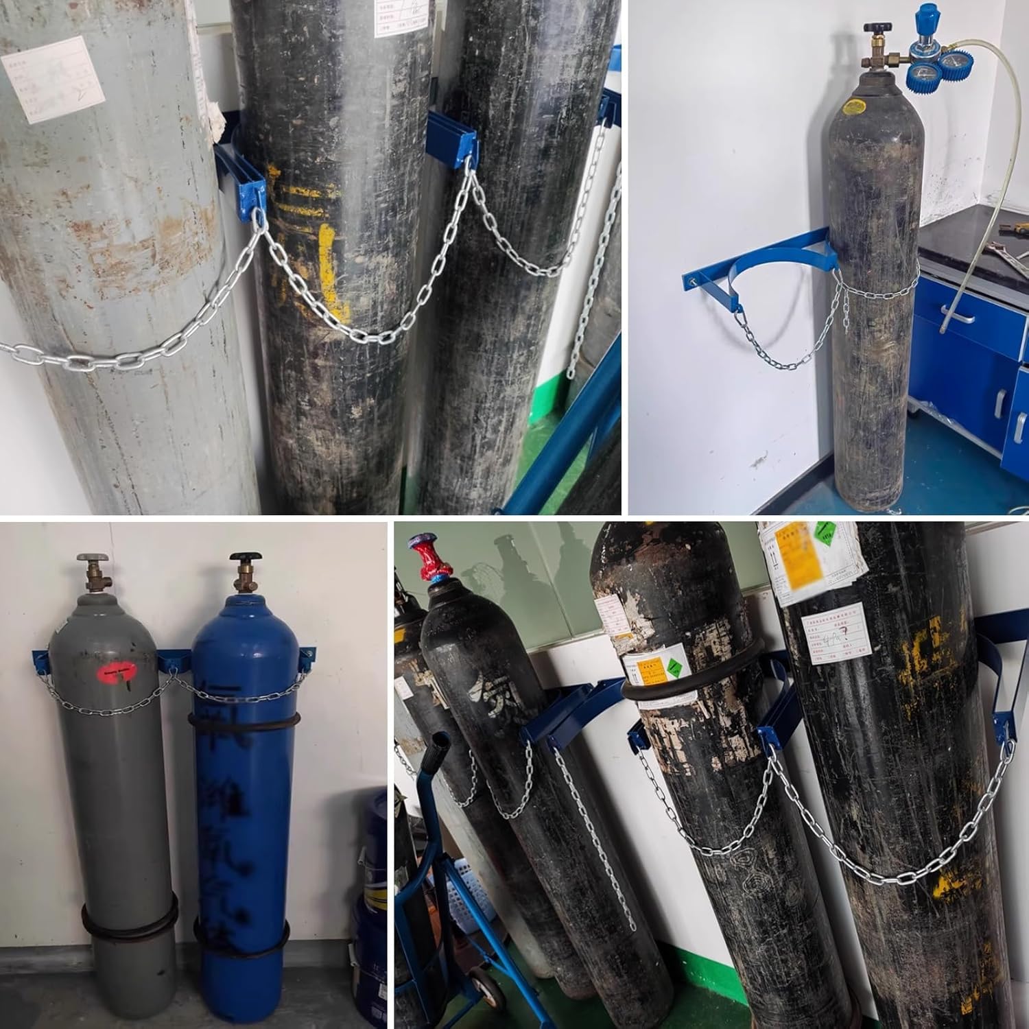 Sauerstoffzylinder-Halterung, robuste Gasflaschen-Wandhalterung mit Sicherheitskette für Fabrik/Labor/Zuhause, Argon-Gasflaschenhalterung, Zylindersicherung (2 Flaschen – 65 cm)