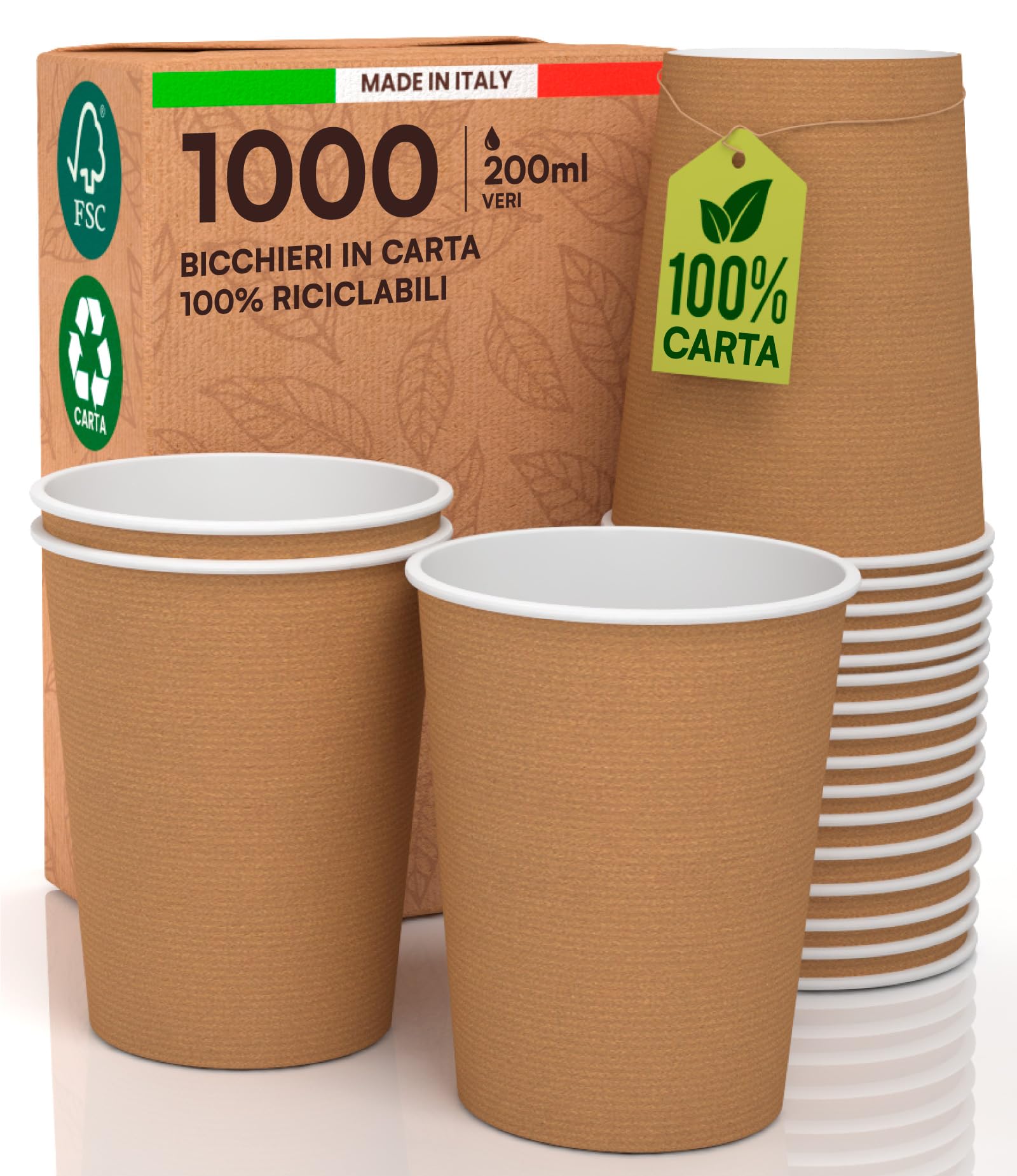 1000 Bicchieri Avana in Carta Usa e Getta per Acqua Caffè Bevande Fredde e Calde da 200ml Made in Italy di Colore Avana Biodegradabili Compostabili Ecologici Eco Friendly - 100% Carta