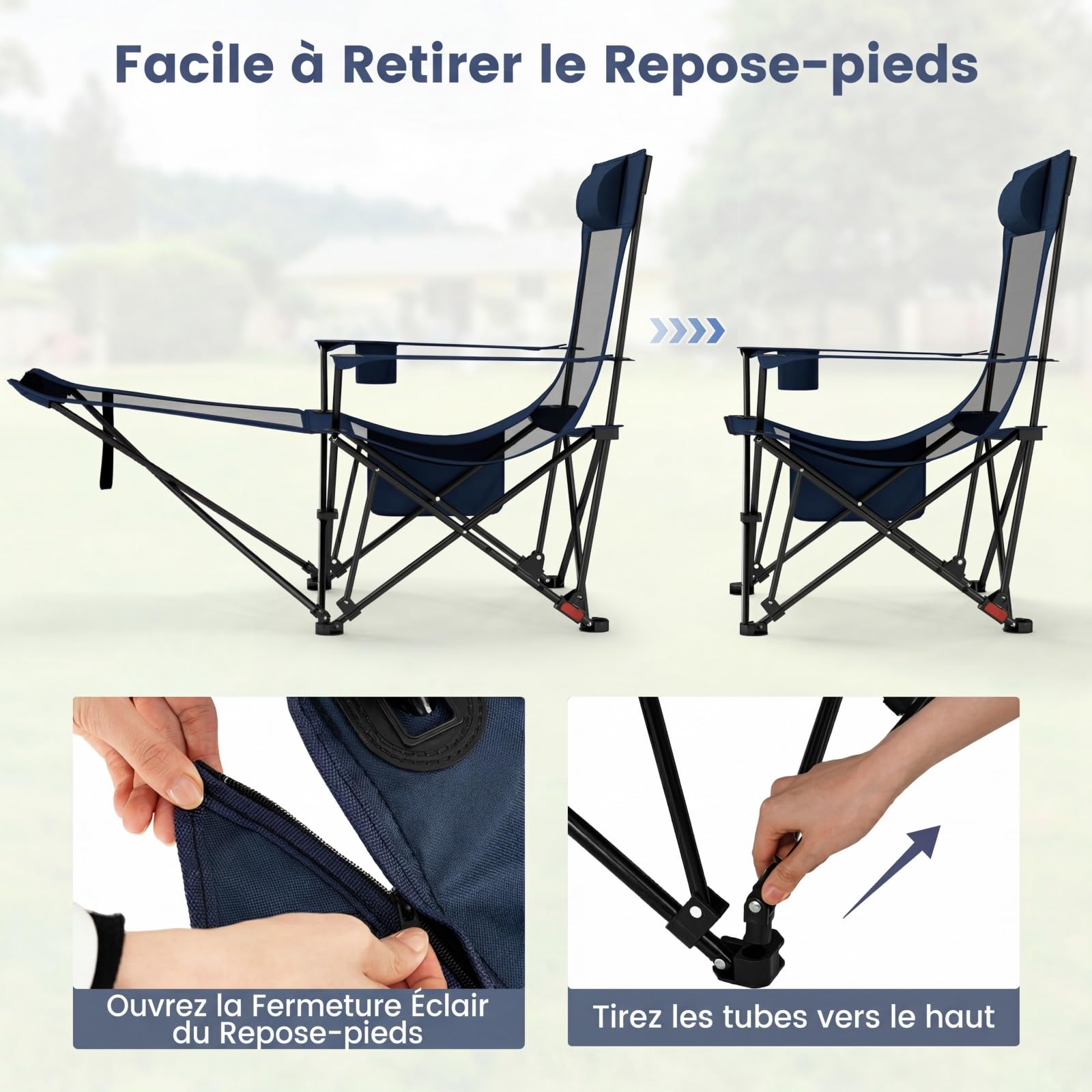 Chaise Longue Costway Réglable 4 Positions – Avec Repose-pieds, Appui-tête Et Porte-gobelet, Pour Camping, Plage, Pêche