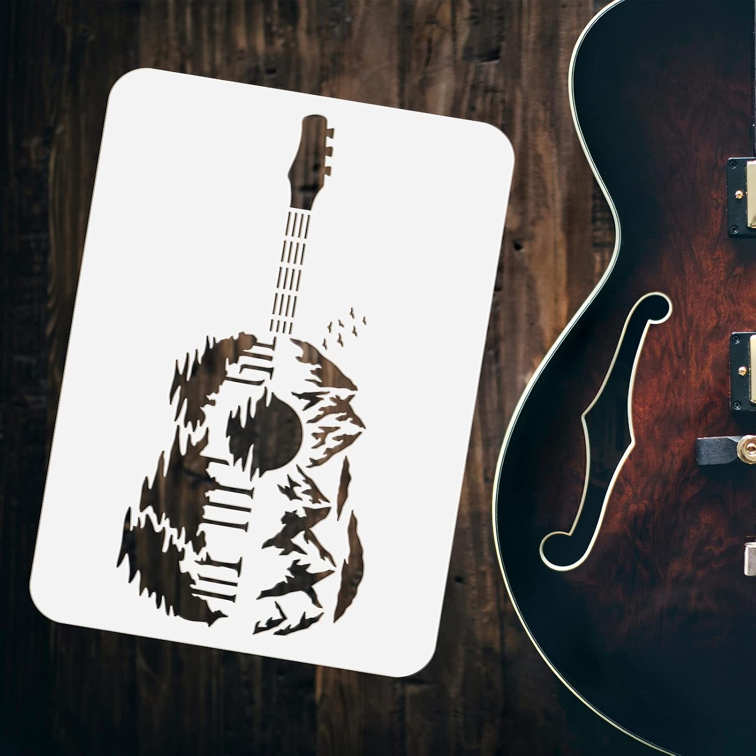 FINGERINSPIRE Guitar Sunset Stencil 11.7x8.3 inch Hollow Out Mountains Lakes Painting Stencil Flying Birds Clouds Craft Stencils Reusable Guitar Shape Stencil for Wall, Photo Album, Furniture Decor
