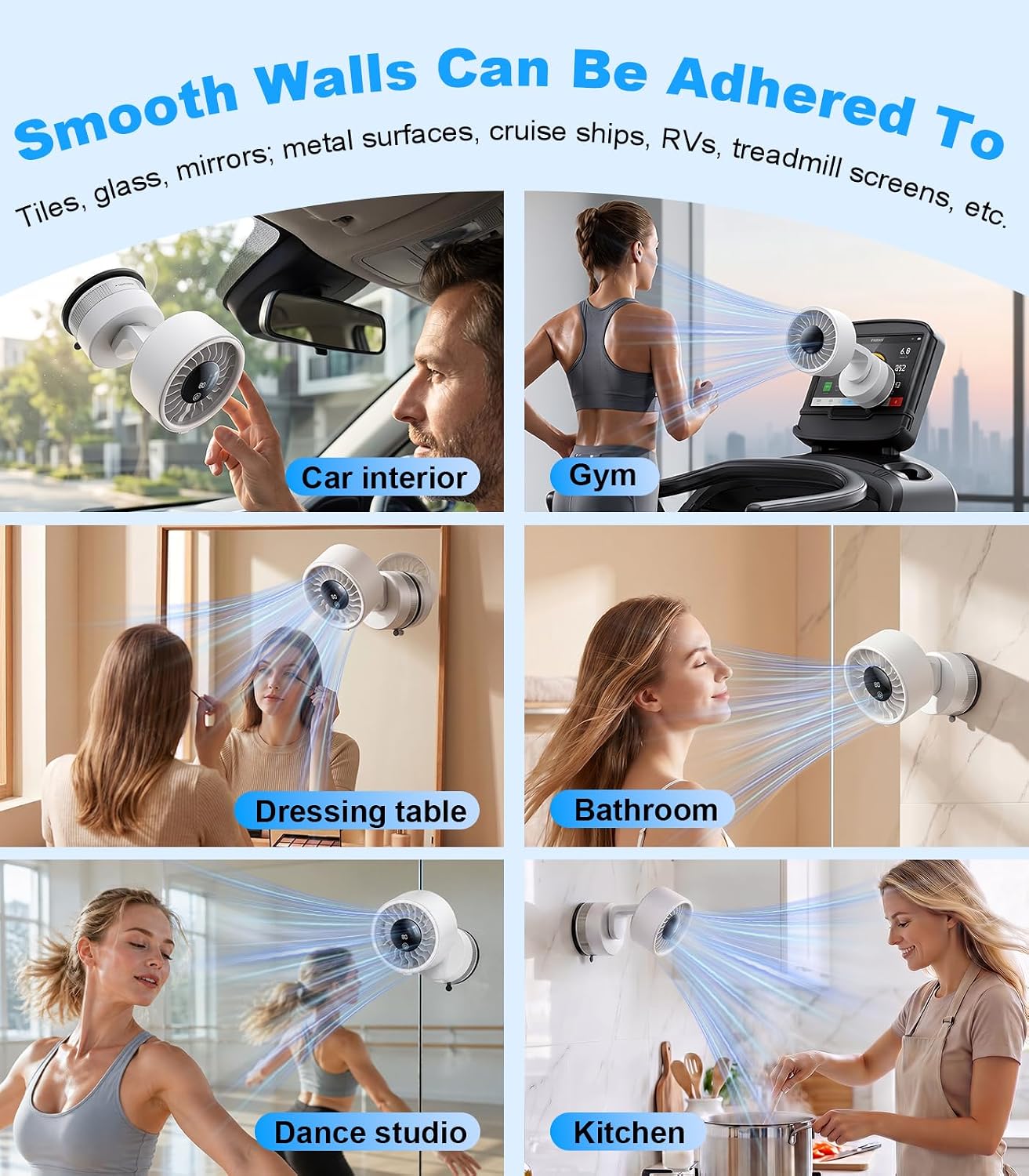 Upgraded Suction Cup Wall Mounted Fan Built-in 4000mAh Battery, 5 Speeds Adjustable 180 Tilt 340 Rotation - Rechargeable Portable Fan Strong Suction for Home, Kitchen, Bathroom, RV, Office,Gym, Cruise