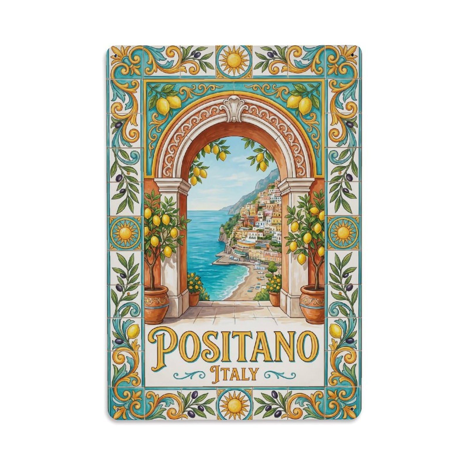 Vintage Travel Positano Italy Turquoise Metal Tin Sign Plaque Wall Decor for Cafe, Club Bar, Office, Garden Metal Poster 8x12Inch