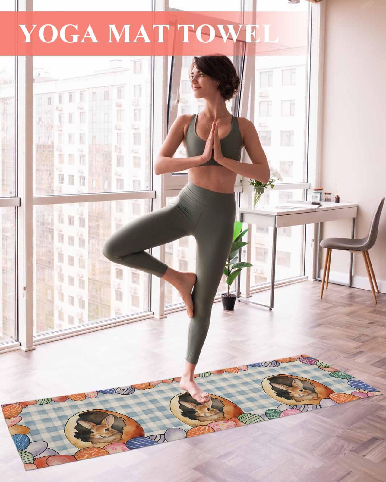 BOSIJOY Yoga Mat Towel,Spring Easter Cute Bunny Colorful Eggs Non Slip Sweat Absorbent Hot Yoga Towels with Corner Pockets,Blue White Buffalo Check Soft Microfiber Towel for Pilates Bikram 74