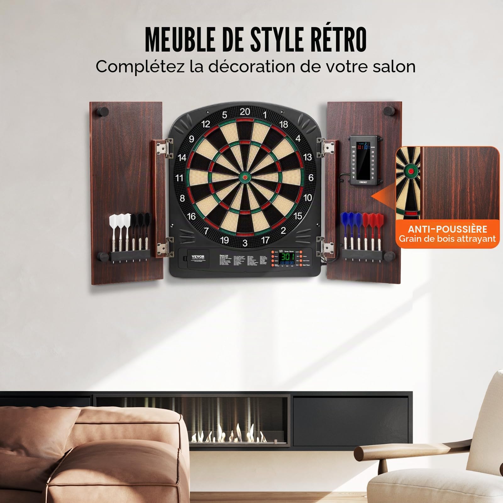 VEVOR Kit Cible de Fléchettes et Armoire Prêt à Jouer, Armoire à Fléchettes avec Tableau de Score Électrique, pour Jeux de Cricket