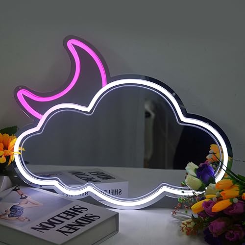 COLORNEON Espejo de neón de doble función luces de neón LED de nube blanca y luna rosa, acabado espejo, brillo ajustable, letreros de neón