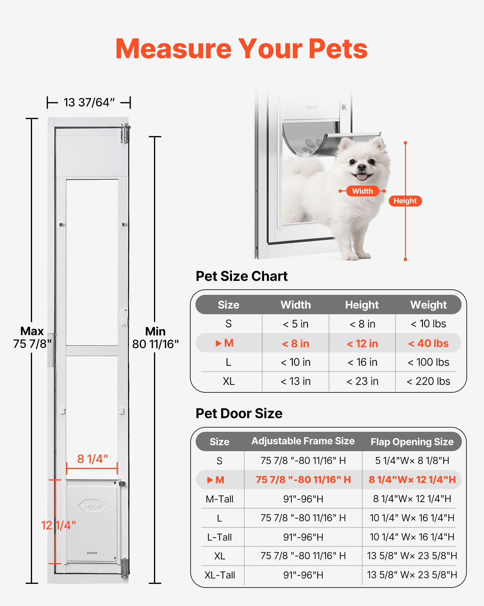 VEVOR Puerta Abatible de Vidrio con Entrada para Perros, Altura Ajustable, Puerta para Mascota 21 x 31,1 cm con Cerradura Magnética, Marco de Aleación de Aluminio, Compatible con Perros Medianos Gatos