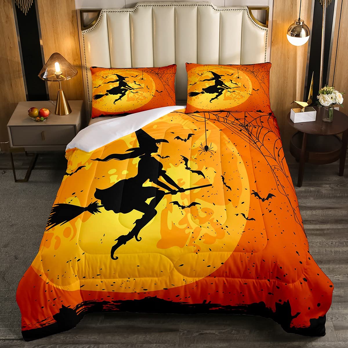 Loussiesd Halloween Bedding Set Spider Web Duvet Insert For Kids Child Teens Cartoon Black Bat Witch Duvet Insert Cute Festival Moon 2Pcs Single Size
