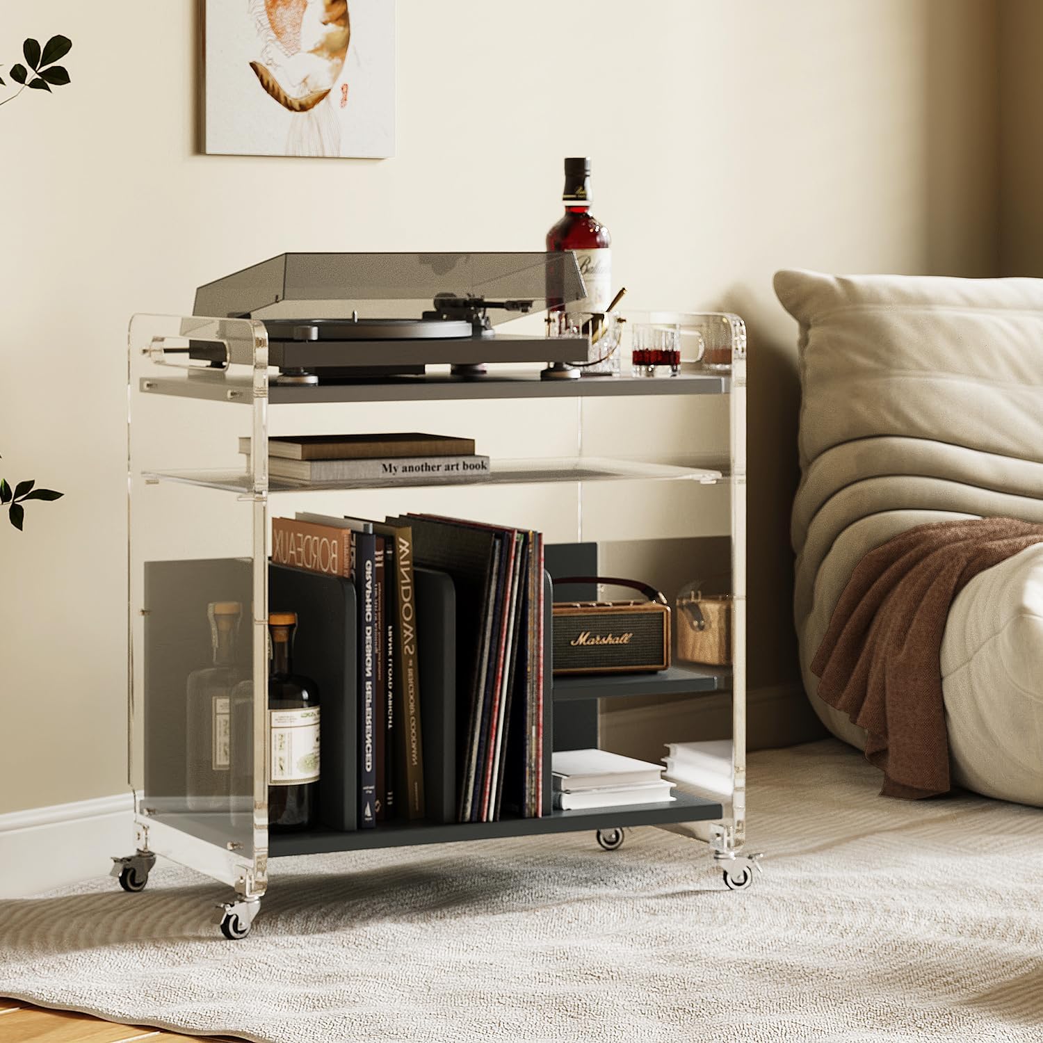 Acrylic Record Player Stand?Vinyl Storage Holder Cabinet with Wheels?Large Turntable Stand with Shelf,Coffe Table Movable End Table Nightstand Stereo Cabinet for Living Room Bedroom Office