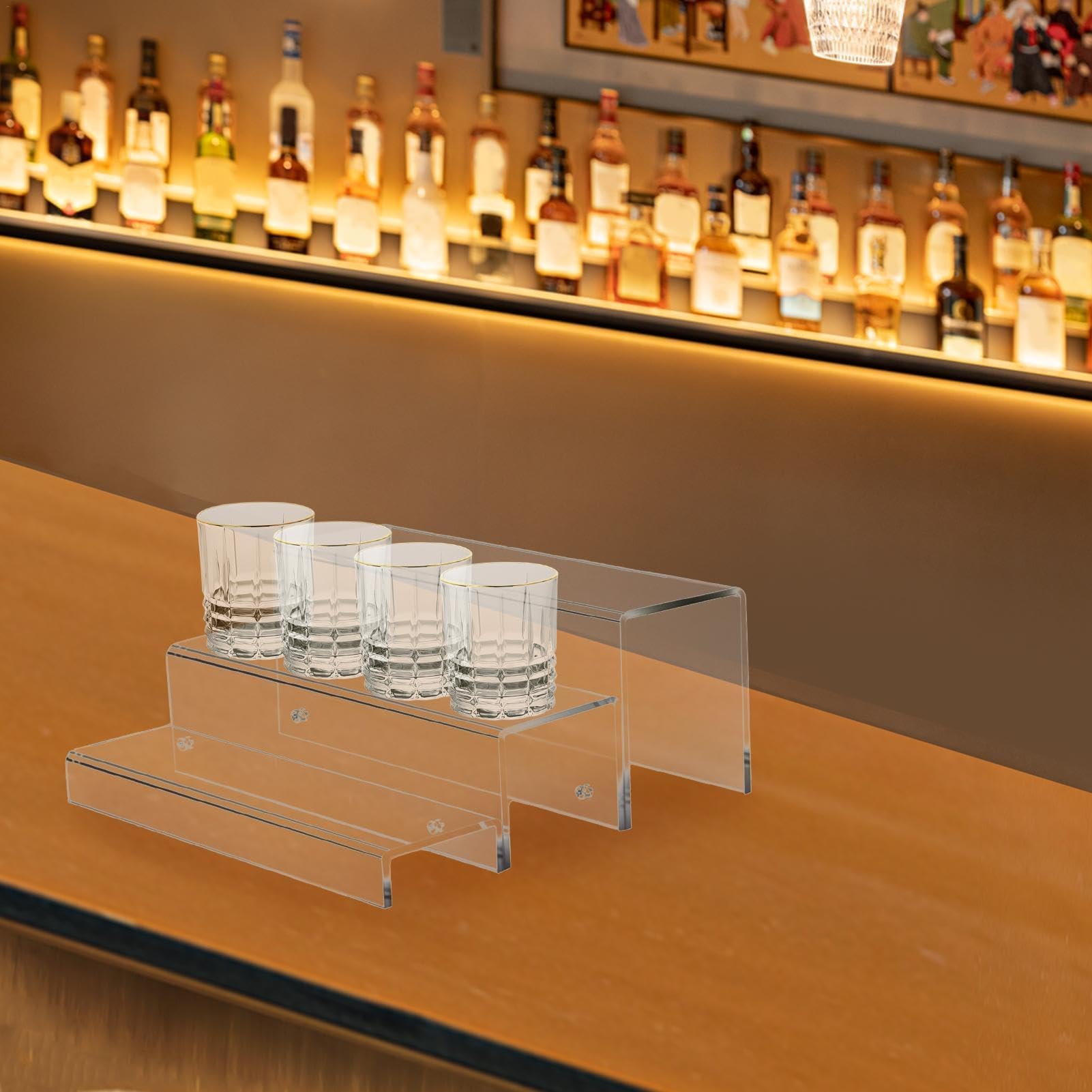 Soporte de exhibición de botellas de licor de acrílico de 3 niveles para almacenamiento de mostrador, soportes de exhibición de licor de mesa