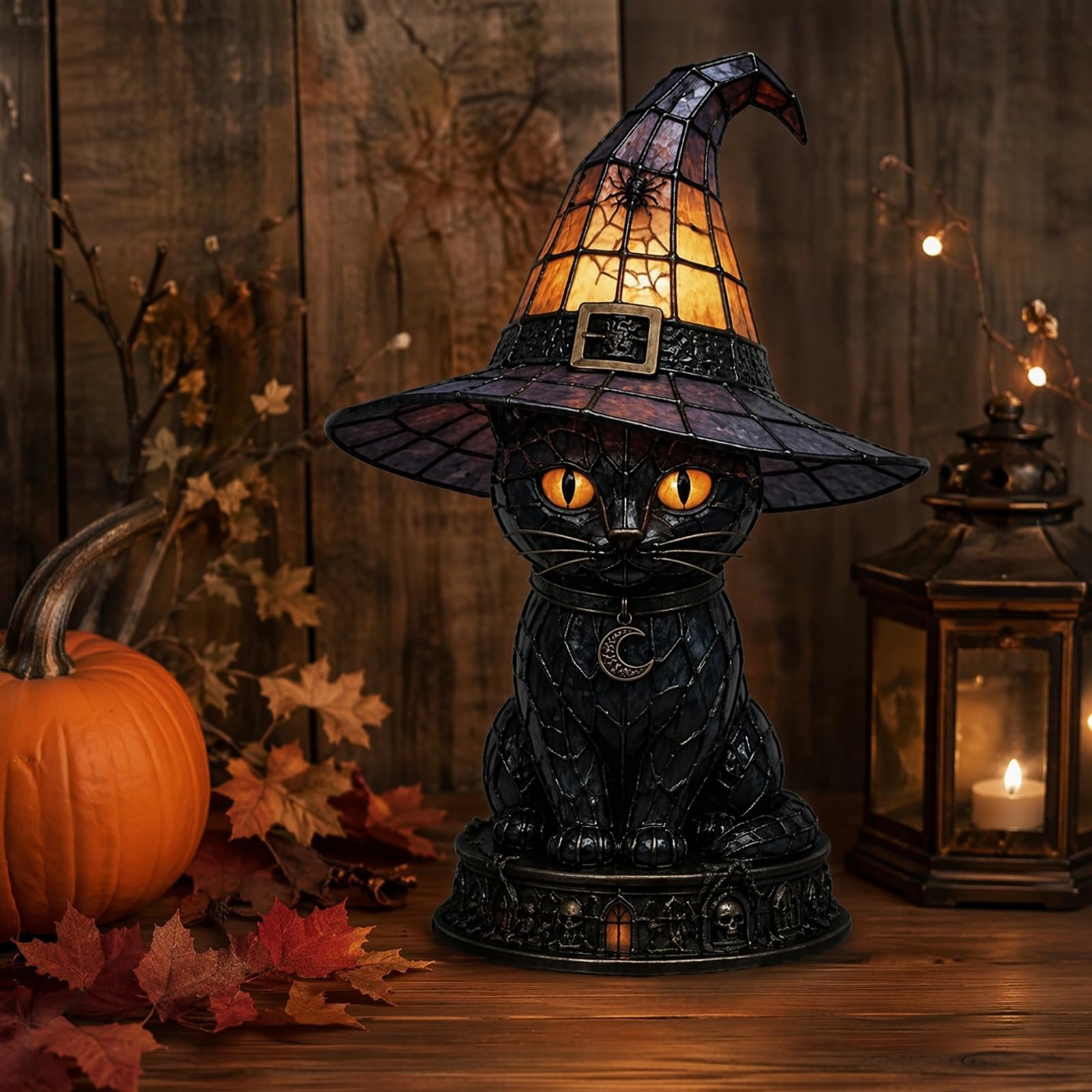 Stained Glass Black Cat Witch Hat Lamps, Gothic Wizard Cat Accent Lamp
