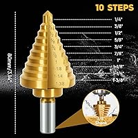 Vista 3 de Broca escalonada de titanio 4241 HSS con dos ranuras rectas, broca escalonada de 1/4 a 1-3/8 pulgadas para metal, 10 tamaños HSS para metal, 1 pieza