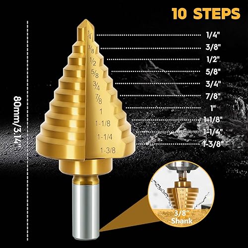 Miniatura 3 de Broca escalonada de titanio 4241 HSS con dos ranuras rectas, broca escalonada de 1/4 a 1-3/8 pulgadas para metal, 10 tamaños HSS para metal, 1 pieza