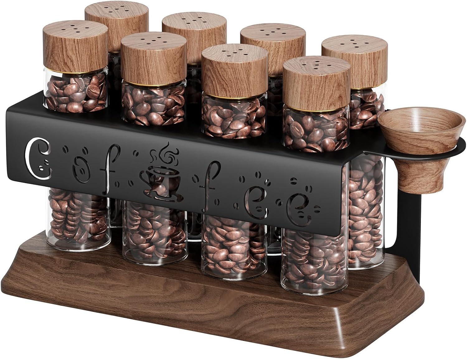 Single Dose Coffee Bean Storage Tubes with One-Way Exhaust Valve,Coffee Bean Container with American Walnut Wood Base,Funnel and Lids,Espresso Bean Storage with 8Pcs Glass Tubes