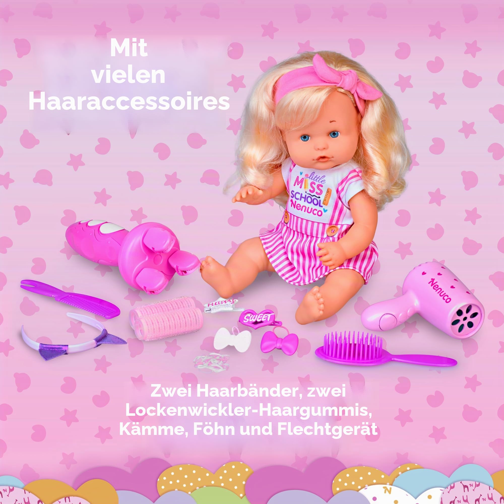 Nenuco - Frisuren für Cole, Babypuppe, Harter Körper, 35 cm, mit blonden und Langen Haaren, um Verschiedene Frisuren zu Machen, viele Accessoires wie Zöpfe, seit 2 Jahren, berühmt (NFN60000)