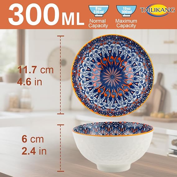 Ceramic Serving Bowls - Ceramic Rice Bowls 10 oz,Bohemian Style Pottery Bowls Set of 6,Kitchen Tableware Small Bowls for Rice, Dipping,Soup, Dessert, Snack,Fruits,Dishwasher & Microwave Safe