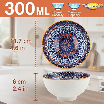 Ceramic Serving Bowls - Ceramic Rice Bowls 10 oz,Bohemian Style Pottery Bowls Set of 6,Kitchen Tableware Small Bowls for Rice, Dipping,Soup, Dessert, Snack,Fruits,Dishwasher & Microwave Safe