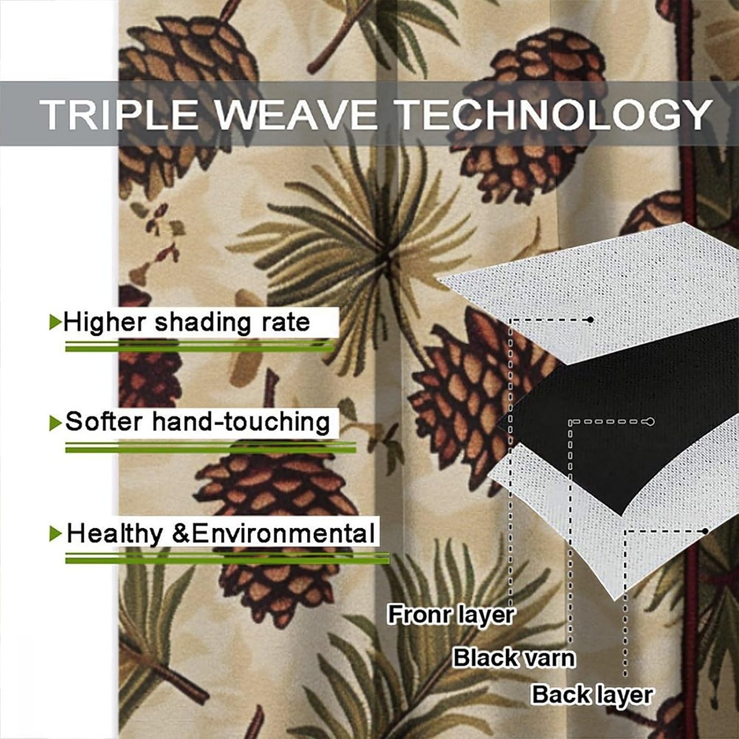 Farmhouse Pine Leaf Blackout Curtains for Bedroom, Grommet Drapes Thermal Insulated Room Darkening Jungle Pinecone Pattern Curtains, 21W x 45L, 2 Panels