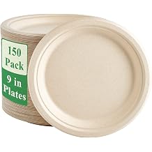 Vplus 150 Pack Paper Plates 9 inch 100% Compostable, Heavy-Duty Disposable Paper Plates Bagasse Natural Biodegradable Eco-Friendly Sugarcane