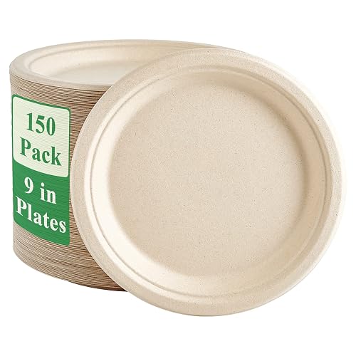 Vplus 150 Pack Paper Plates 9 inch 100% Compostable, Heavy-Duty