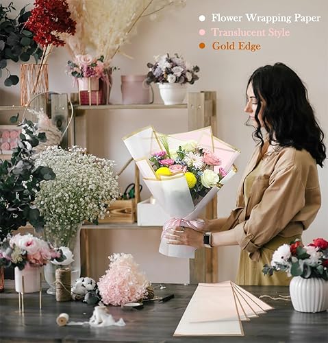 Miniatura 3 de Unarty 20 hojas de papel de regalo de flores rosas, papel de regalo impermeable con borde dorado, papel de regalo floral, suministros para ramo de