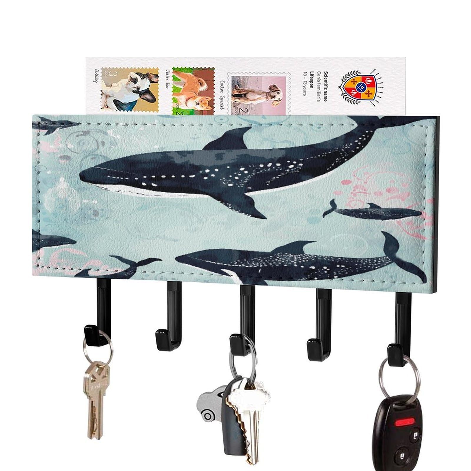 LDGSUPH Whale Key Holder Wall Mount Key Hanger with 5 Hooks Fashion Key Organizer Rack Hanging Key Hooks with Mail Organizer Key Rack for Home Entryway Hallway Black-Style