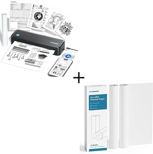 Portable Printer, D820 Thermal Printer, Bluetooth Printers for Home Use, Compatible Continuous Thermal Paper 8.5" Width, 2 Rolls