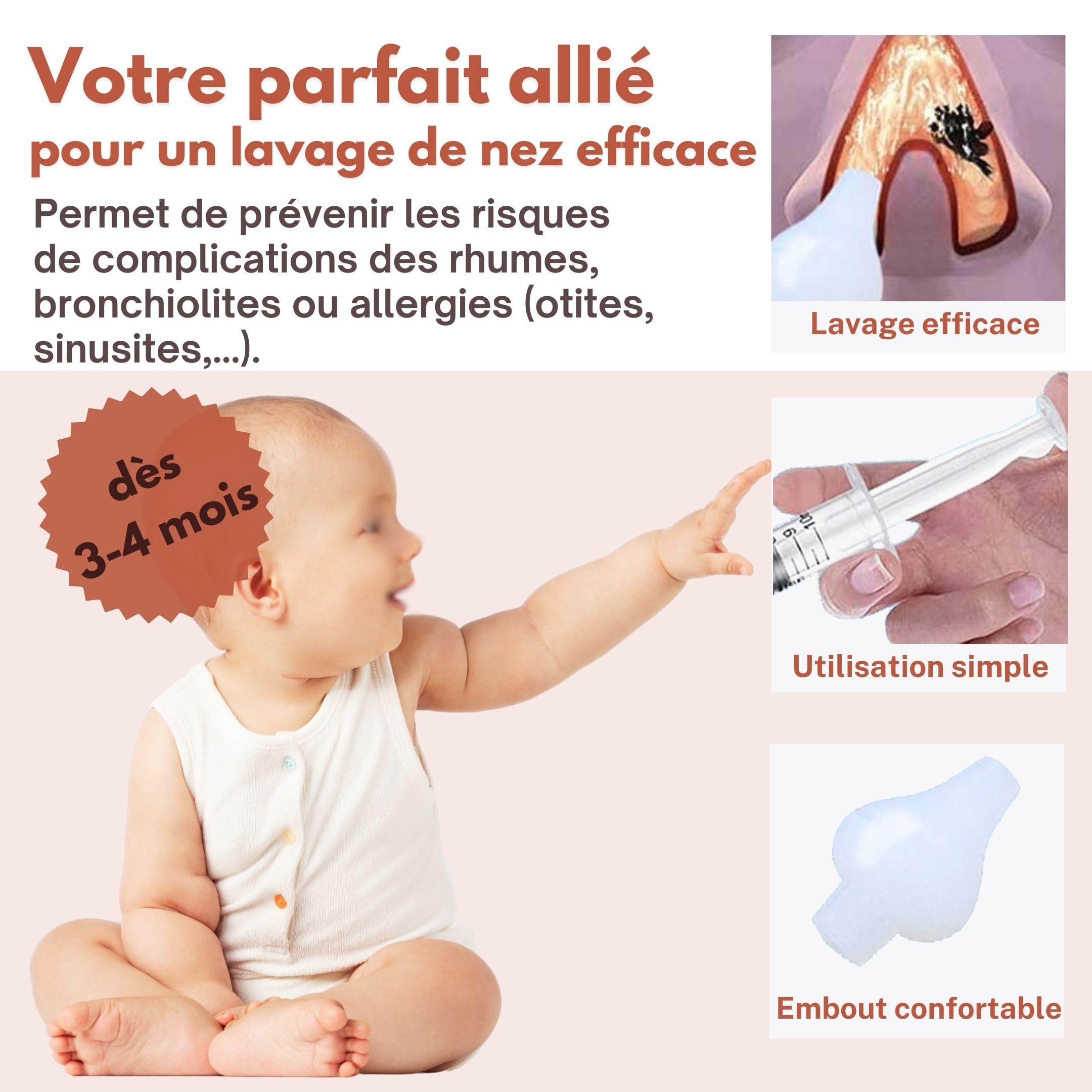 Mouche bébé seringue nasale 10ml ABBICARE™ sans BPA-CE | Kit 4 seringues avec embouts silicone souple + 1 goupillon de nettoyage et guide conseil | Soin nasal puericulture serum physiologique