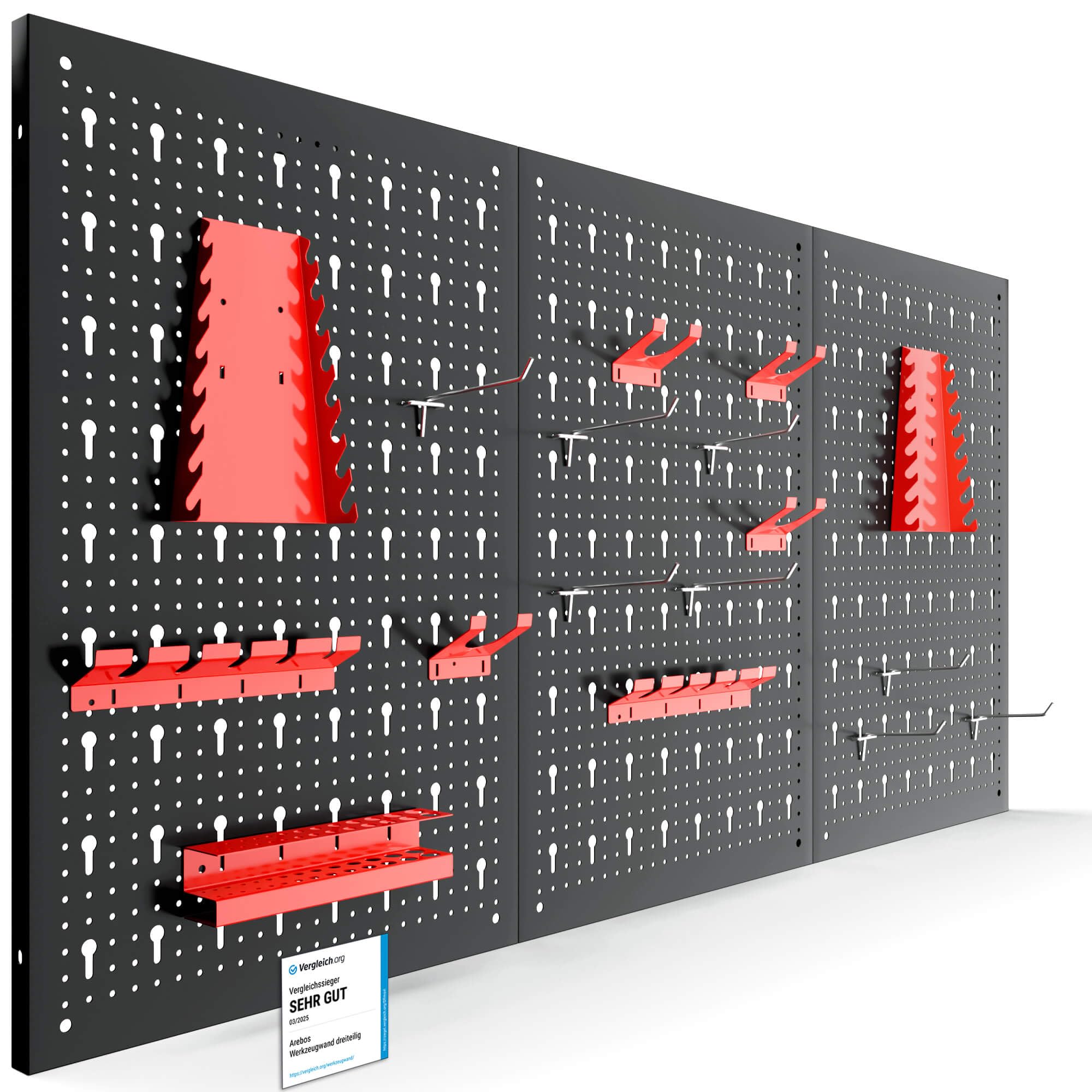 Arebos Werkzeugwand 3-teilige Lochwand Werkstatt | 17-teiliges Hakenset & Halterungen | 117,6 x 59,5 x 2 cm | Werkzeuglochwand aus Metall für Werkstatteinrichtung inkl. Montagematerial | Rot