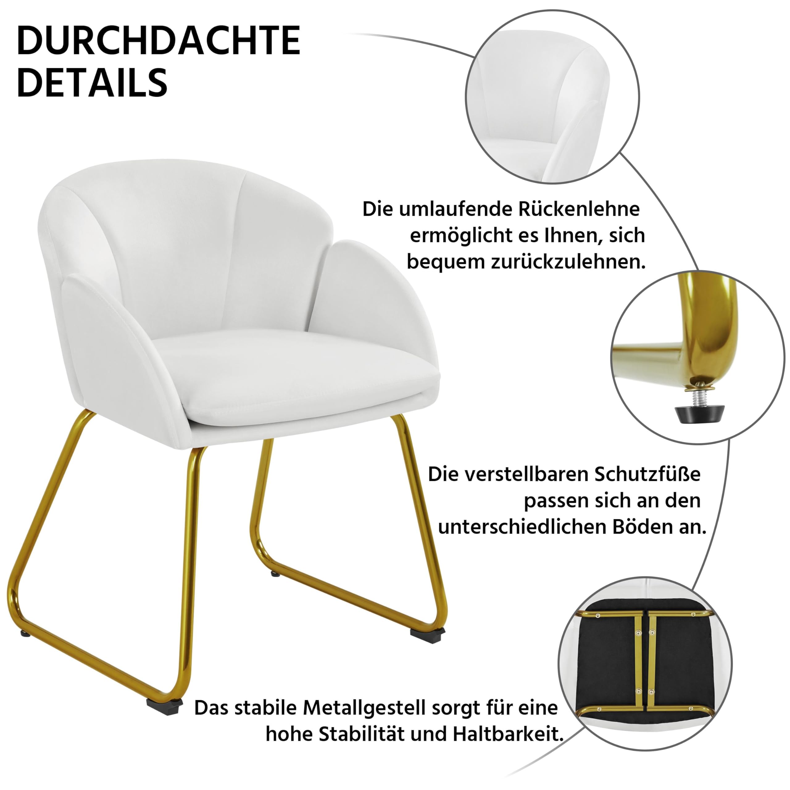 Yaheetech Sedia da pranzo moderna a forma di fiore, poltrona imbottita con gambe in metallo oro, per soggiorno/sala da pranzo bianco