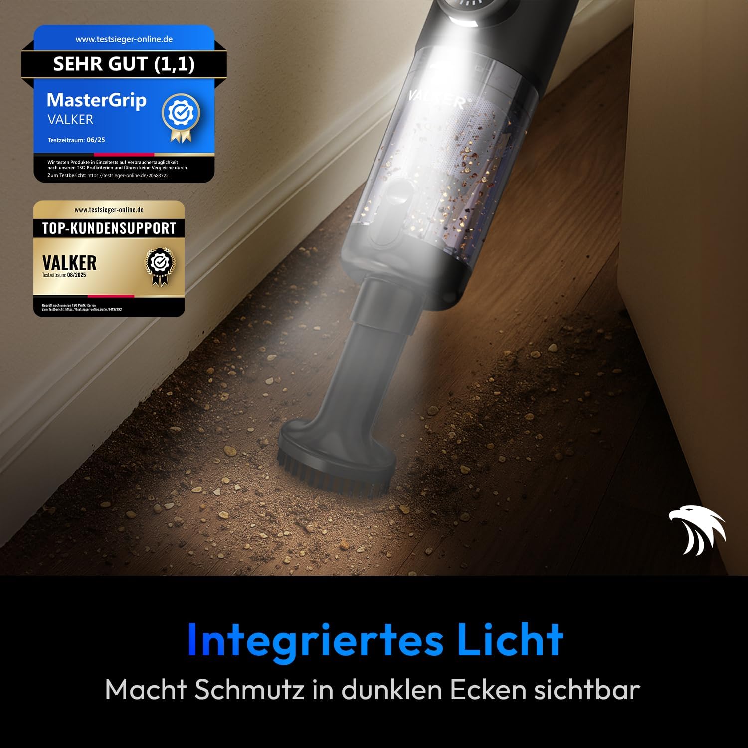 VALKER® Handstaubsauger Akku [TESTSIEGER] Starke Saugleistung 80000 RPM | Druckluft Funktion 2-in-1 | Waschbarer HEPA-Filter | Handsauger Kabellos für Auto & Zuhause | Mastergrip
