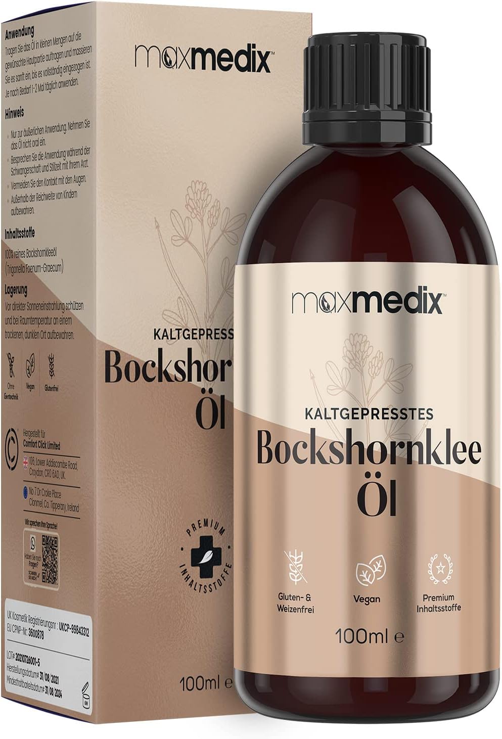 Reines Bockshornkee Öl 100ml Vegan & Natürliches Kaltgepresstes Bockshornkleeöl mit Vitamin E