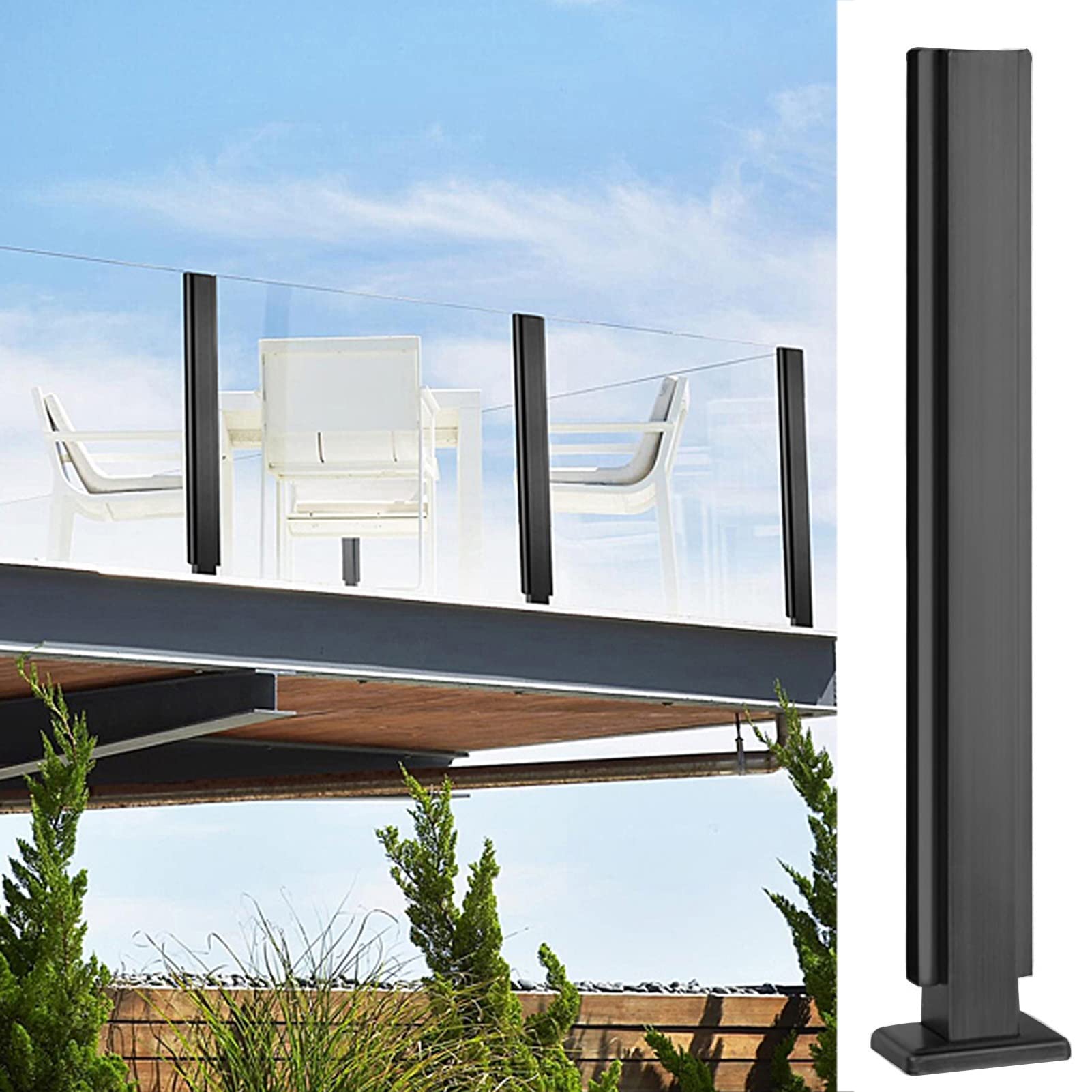 Poteau de balustrade en verre noir haut de 47 pouces pour fixation de sol