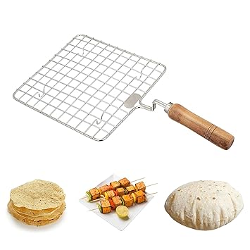 PANCA Papad Jali Roast, Paneer Grill, Roti Maker, Barbeque Jali Roaster Chapati Toast Grill Wooden Handle Vegetable tandoor net, Baigan Bharta (Square) - image, photos
