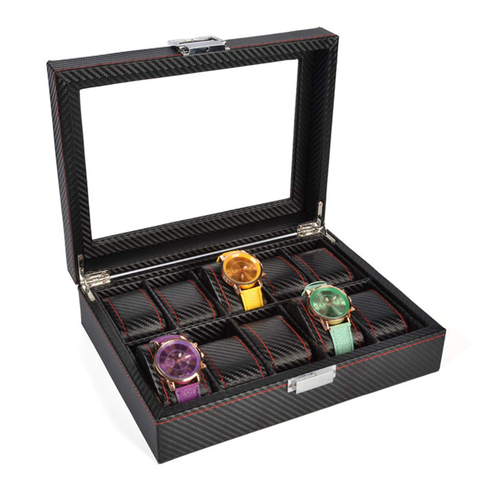 HVMBEUGOS Watch Storage Box Watch Display Holder Case Leather Carbon Fiber Jewelry Bracelet Collection Organiser with Glass Lid (10 Slots)