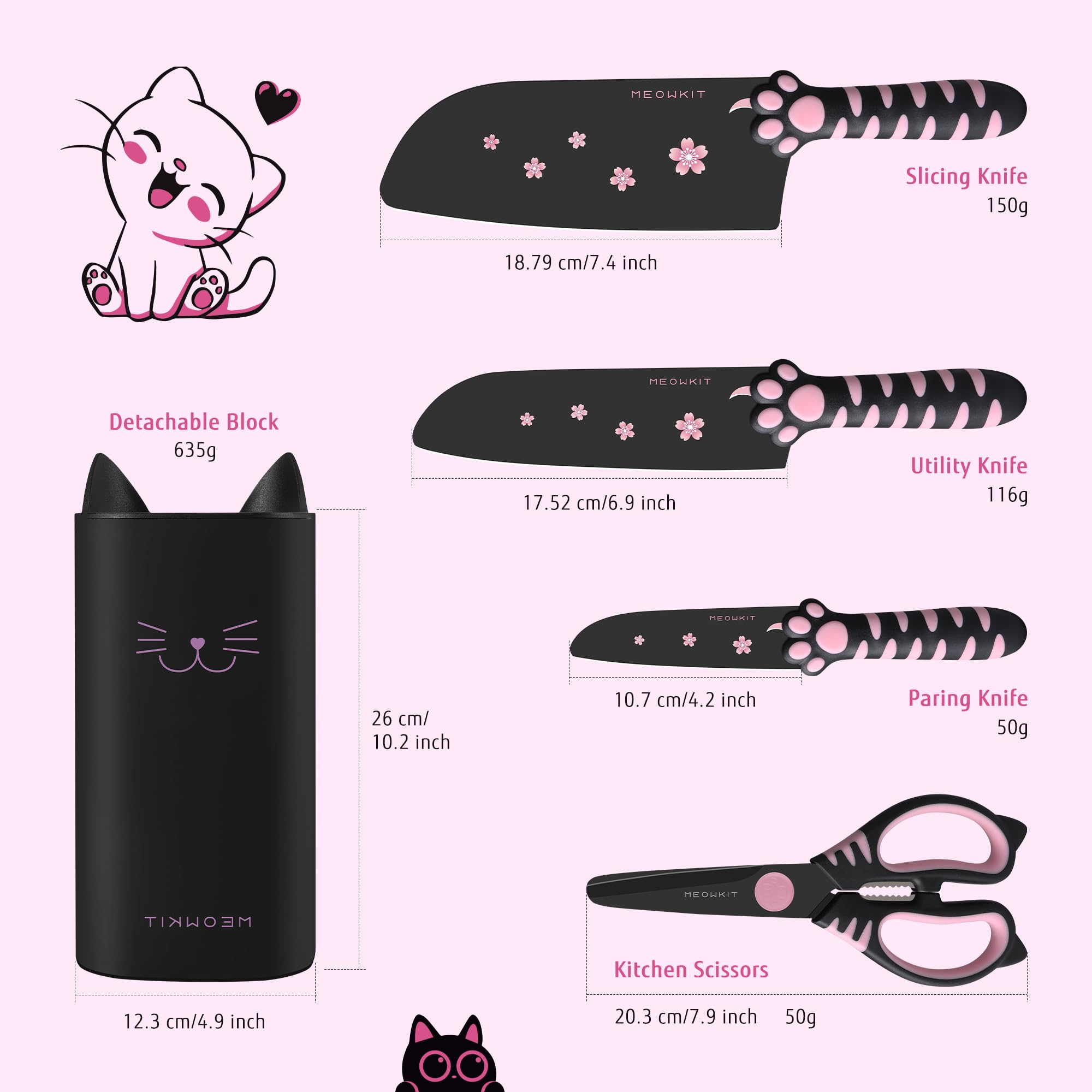 Bloc de Couteaux de Cuisine 5 Pièces, Set de Couteaux Professionnels en Acier Inox avec Ciseaux, Design Patte de Chat, Noir et Rose, Décoration de Cuisine Moderne