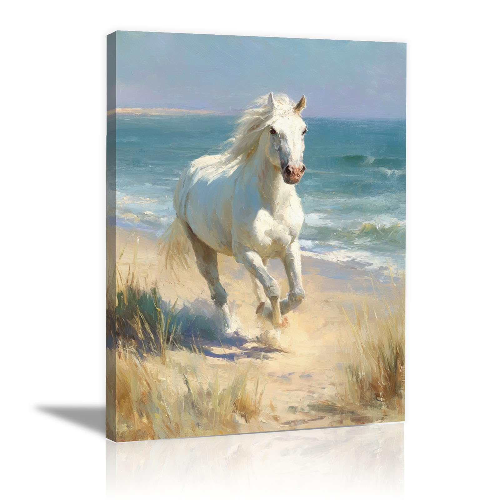 Impresión de caballo en playa sobre lienzo con marco blanco de 30cm 8