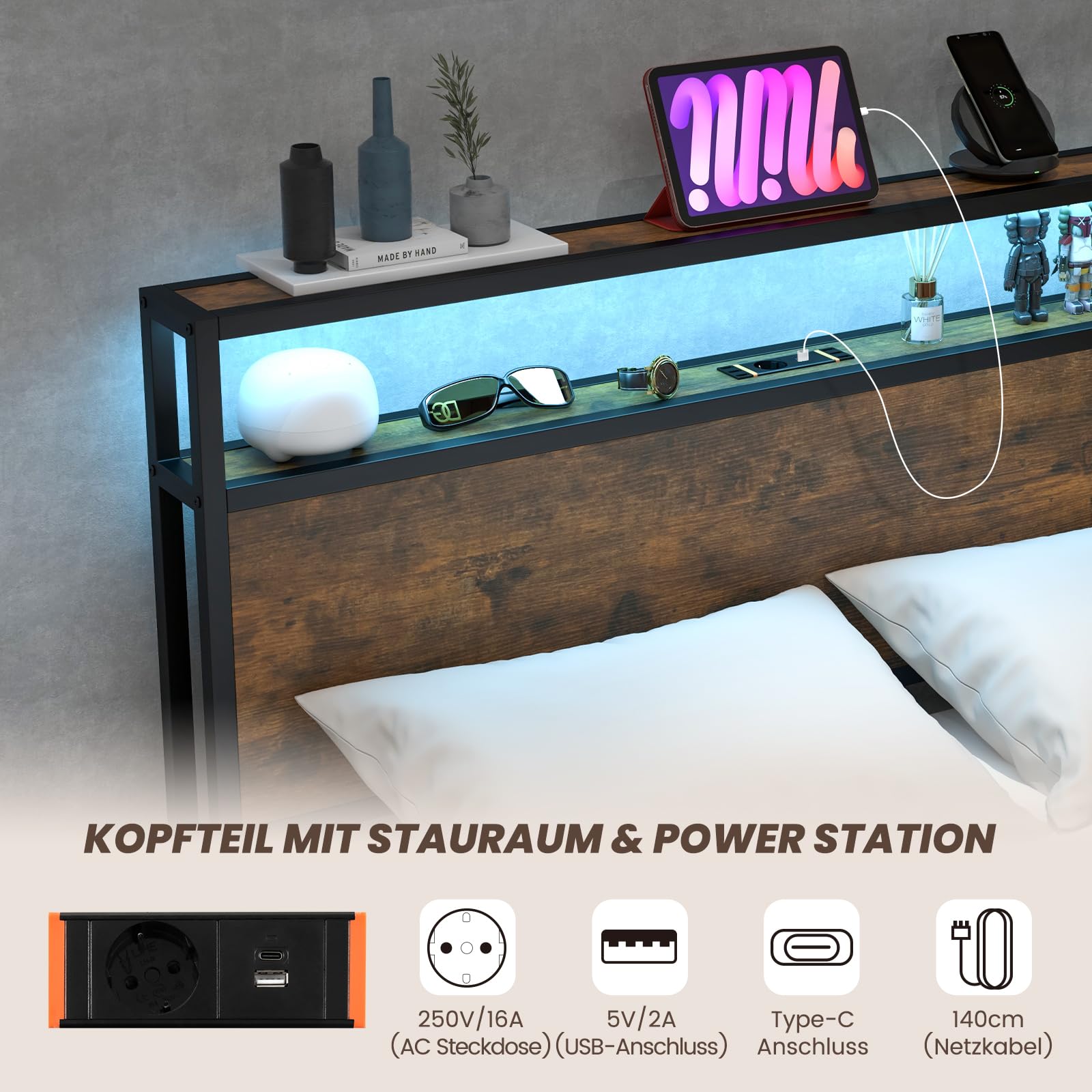 COSTWAY Łóżko z oświetleniem LED, stacją ładującą i 4 szufladami, łóżko z miejscem do przechowywania z zagłówkiem i stelażem, łóżko metalowe, z przemysłową ramą, dwuosobowe: 200 x 140 cm